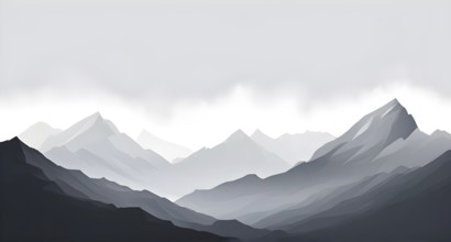 Abstract mountain range made of clean, geometric shapes with varying tones of grey and white, AI