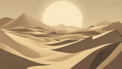 Abstract desert scene with triangular sand dunes and a single circular sun, using sharp lines and