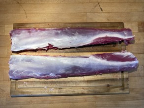 Chopped pieces of sheep fillet on a wooden board, Mecklenburg-Vorpommern, Germany, Europe