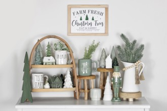 Beautiful farmhouse or boho style Christmas home decoration in trendy white and mint green colors