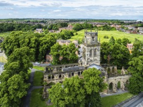 All Saints Church in Pontefract from a drone, West Yorkshire, England, United Kingdom, Europe