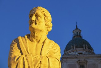 Statue of Praetorian Fountain and the dome of Santa Caterina church by night, Piazza Pretoria,