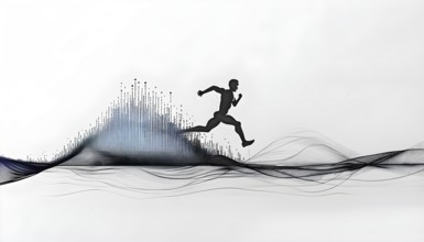 Wave of data points shaping into a runners silhouette, abstract illustration in black and white,