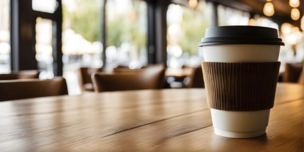 Coffee cup on a wooden table in a warmly lit cafe in blurred background, AI generated