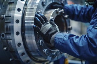 Close up of person with gloves working on windmill part in factory. Generative Ai, AI generated