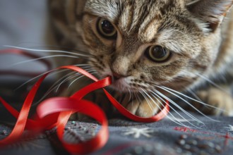 Cat playing with red gift wrapping ribbon. Generative Ai, AI generated