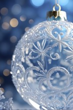 Close up of a frosted Christmas ornament, detailed with tiny ice crystals, delicate carvings, and a