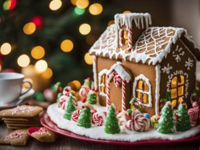 Gingerbread house decorations, focusing on the intricate icing details, colorful candy, and soft,