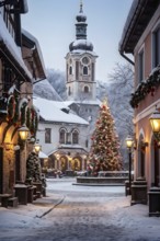 Charming village square decorated for the holidays, with snow-covered rooftops and strings of