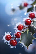 Frosty holly branch with vibrant red berries covered in delicate ice crystals, symbol for upcoming