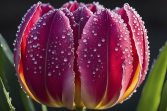 Dew-covered tulip, with water droplets glistening on its vibrant petals in early morning light, AI