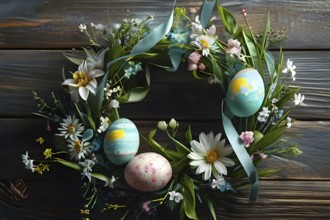 Spring wreath with pastel ribbons, speckled eggs, and blooming flowers, hanging on a wooden