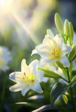 Blooming Easter lilies with soft white petals and a yellow center, bathed in gentle sunlight, AI