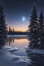 Tranquil winter night scene with a crescent moon and stars shining brightly over a frozen lake,