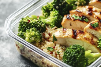 Close up of meal prep with healthy grilled chicken breast, broccoli vegetable and quinoa.