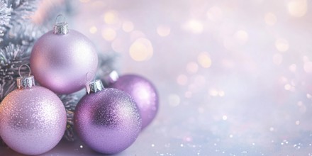 Christmas banner with pink and purple bauble ornaments with bokeh lights and copy space. Generative