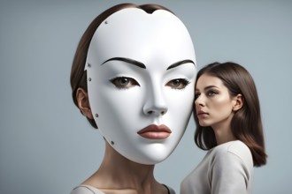 Thoughtful woman besides oversized female mask, AI generated