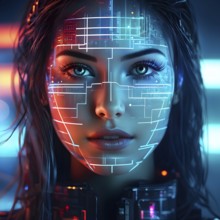 3d digital facial recognition displaying a female face with overlaid ai biometric data, AI