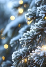 Frost-covered pine branches with delicate snowflakes in soft light, AI generated