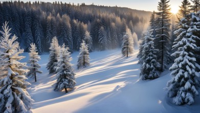 Peaceful snowy forest clearing at dawn with snow softly blanketing the ground and frost-covered