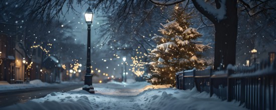 Christmas Eve with snowflakes fall under the light of a streetlamp with a decorated tree in the