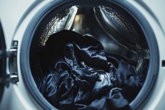 Close up of black clothes in washing machine. Generative Ai, AI generated