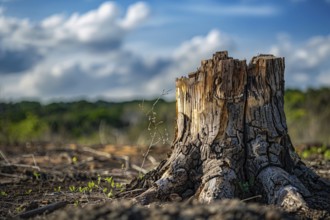 Close up of single rree stump. Deforestation concept. KI generiert, generiert, AI generated