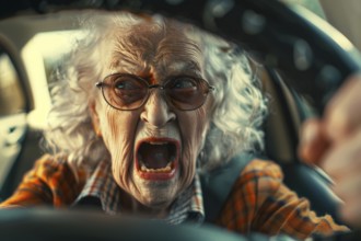 Elderly woman sitting behind the steering wheel screaming in exasperation, symbolic image for