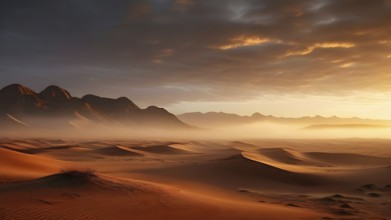 Namib desert landscape engulfed by fog in sunrise, AI generated