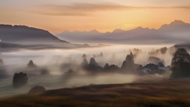 Fog covered landscape in sunrise with high mountain peaks in the background, AI generated