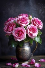 Vase of pink roses aligned on an aged oak wood table, AI generated