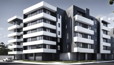 Rendering of a modern real estate apartment building in clean geometric forms in black and white,