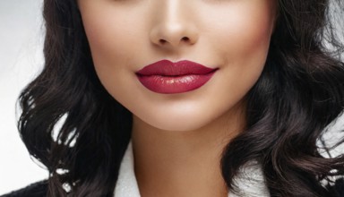 Close-up of red lips of a woman with smooth skin and dark curly hair, AI generated, AI generated