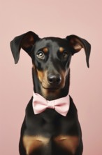 Doberman dog with floppy ears and bow tie on pink studio background. KI generiert, generiert, AI