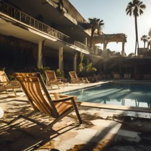 Remnants of a once lavish hotel pool now dried up and cracked, AI generated