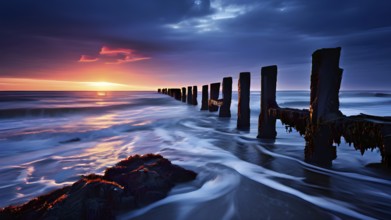 Old pier skeletal remains extend into the sea waves continuously erode its pillars, AI generated