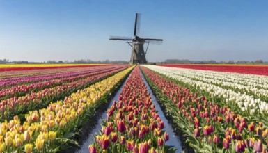 Agriculture, dense, intensely colourful blooming tulip field with a windmill, in Holland, AI