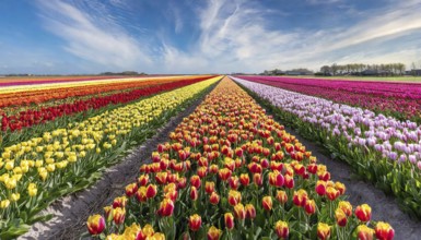 Agriculture, dense, intensely colourful flowering tulip field in Holland, AI generated, AI