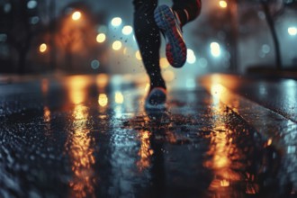 A jogger runs along a road at night in rainy weather, accident risk, risk sport, AI generated, AI