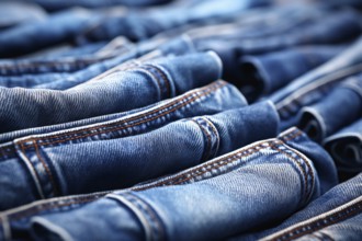 Close up of stack of jeans pants. KI generiert, generiert, AI generated