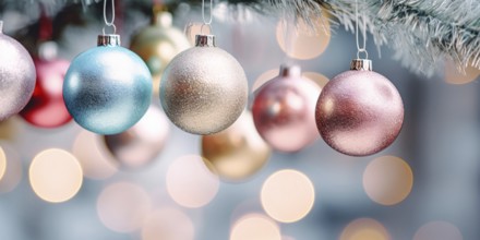 Shiny pink, golden and blue Christmas tree baubles on tree branch. KI generiert, generiert AI