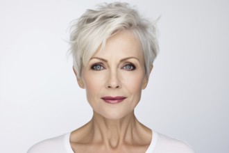 Portrait of gorgeous middle aged woman with makeup and short gray hair on white background. KI