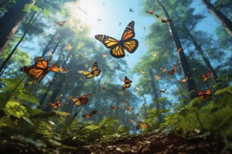 Big group of stylized yellow monarch butterflies flying in a natural forest environment, AI