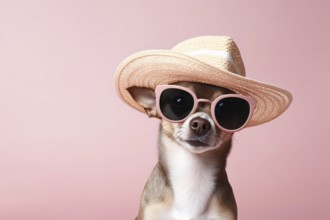 Funny dog with pink sunglasses and summer straw hat in front of pink studio background. KI