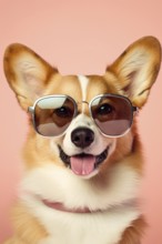 Funny Welsh Corgi dog with sunglasses on pink studio background. KI generiert, generiert, AI