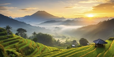 Early morning light bathes Philippines rice terraces cascading down mountain slopes, AI generated