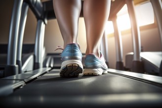 Back view of curvy woman's legs on treadmill. KI generiert, generiert, AI generated