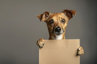 Dog holding empty brown sign in front of dark studio background. KI generiert, generiert, AI