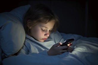 Young child loking at mobile phone at night in bed. KI generiert, generiert AI generated