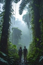 Adventurous couple hiking through dense amazon rainforest, AI generated